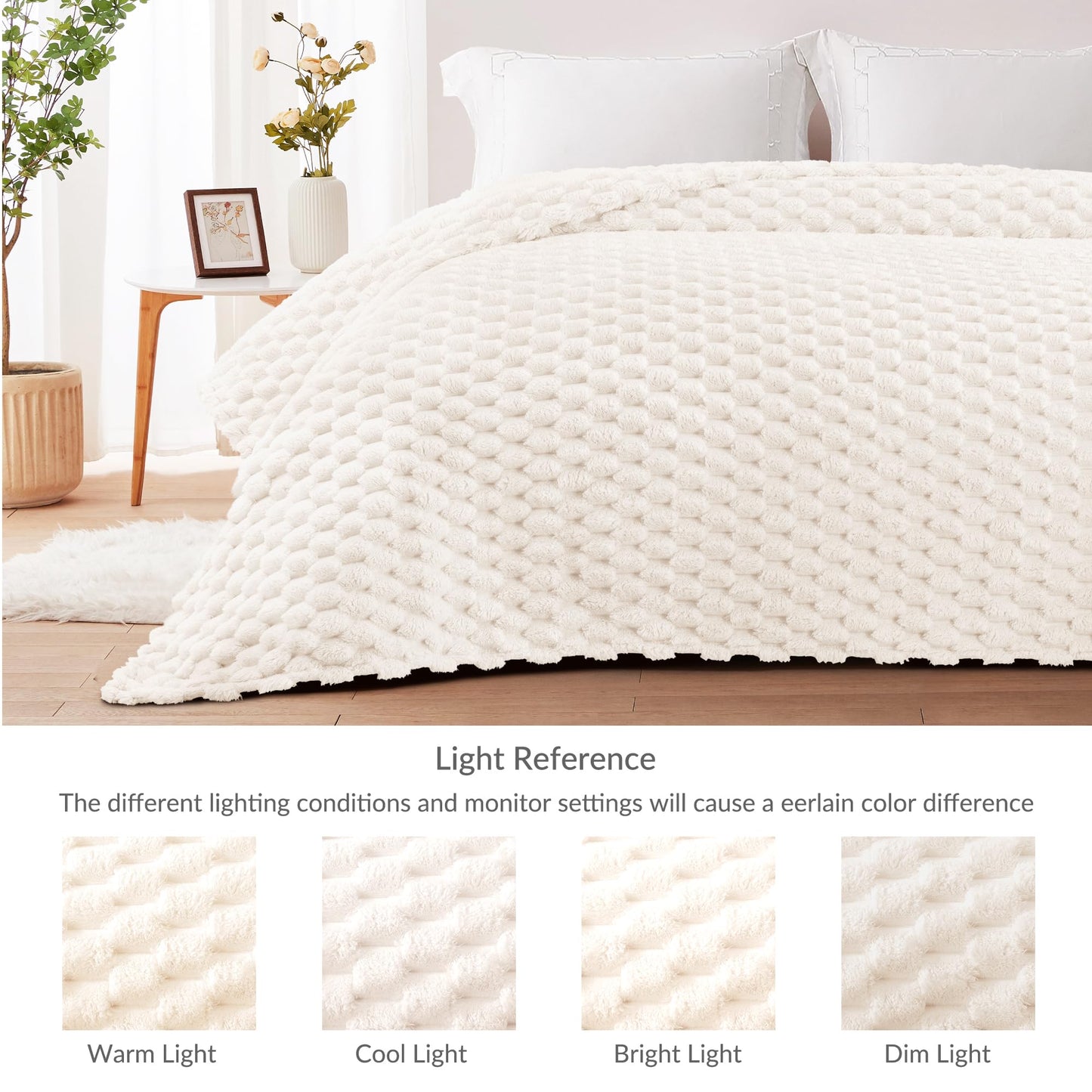 Whale Flotilla Fleece Queen Size Bed Blankets, Luxury Super Soft Lightweight Breathable Summer Bedspread Coverlet, 3D Jacquard Cozy Fluffy Plush Decorative Blanket for Bed, 90x90 Inch, Ivory
