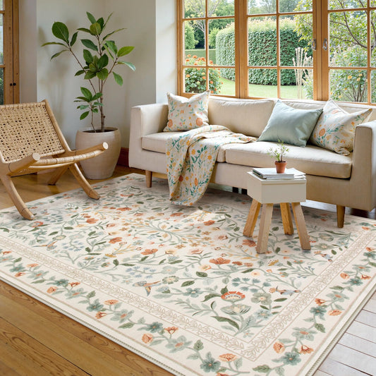 Lahome Floral Washable Area Rug 5x7, Vintage Non Slip Carpet for Living Room Bedroom, Low-Pile Soft Boho Rug for Kids Room Nursery, Machine Washable Home Decor, Beige
