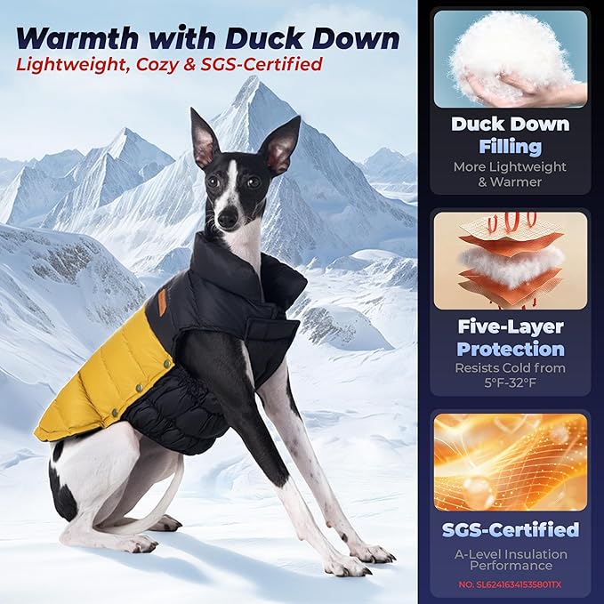 SPACE LION Dog Puffer Jacket, Down Winter Coat, Durable Outdoor Coat for Cold and Windy Conditions, Lightweight & Adjustable Fit Coats for Large Dogs, (BlackKhaki, Size28/4XL)