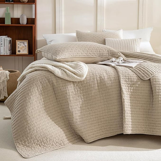 Sanracie Stonewashed Cotton Coverlet Queen Size(90"x98"), Ultra Soft Dark Wheat Color Crinkle Quilt Bedding Set 3Pcs Cross Stitch Pattern Lightweight Breathable Bedspread Set for All Season