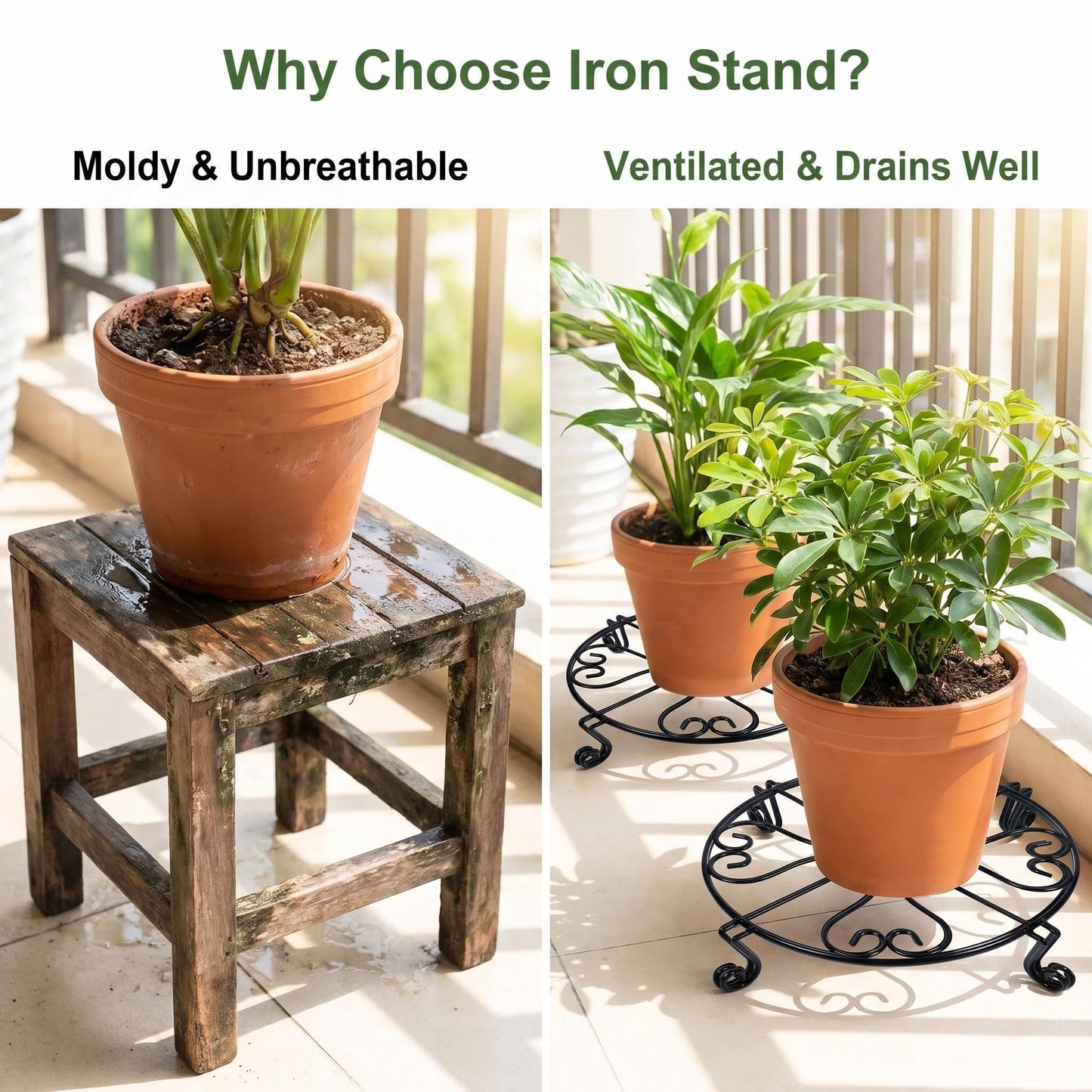 NSYOOMH 2 pack 8" Rustproof Black Metal Plant Stands Heavy Duty Plants Holder Outdoor Indoor, Round Wrought Iron Sturdy Flower Planter Pot Stand, Corner Gardening Inside Potted Plant Riser - 8Inches