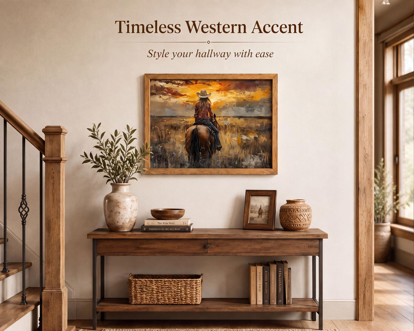 Brown Solid Wood Frame Cowgirl Riding Horse Canvas Wall Art 8x10in