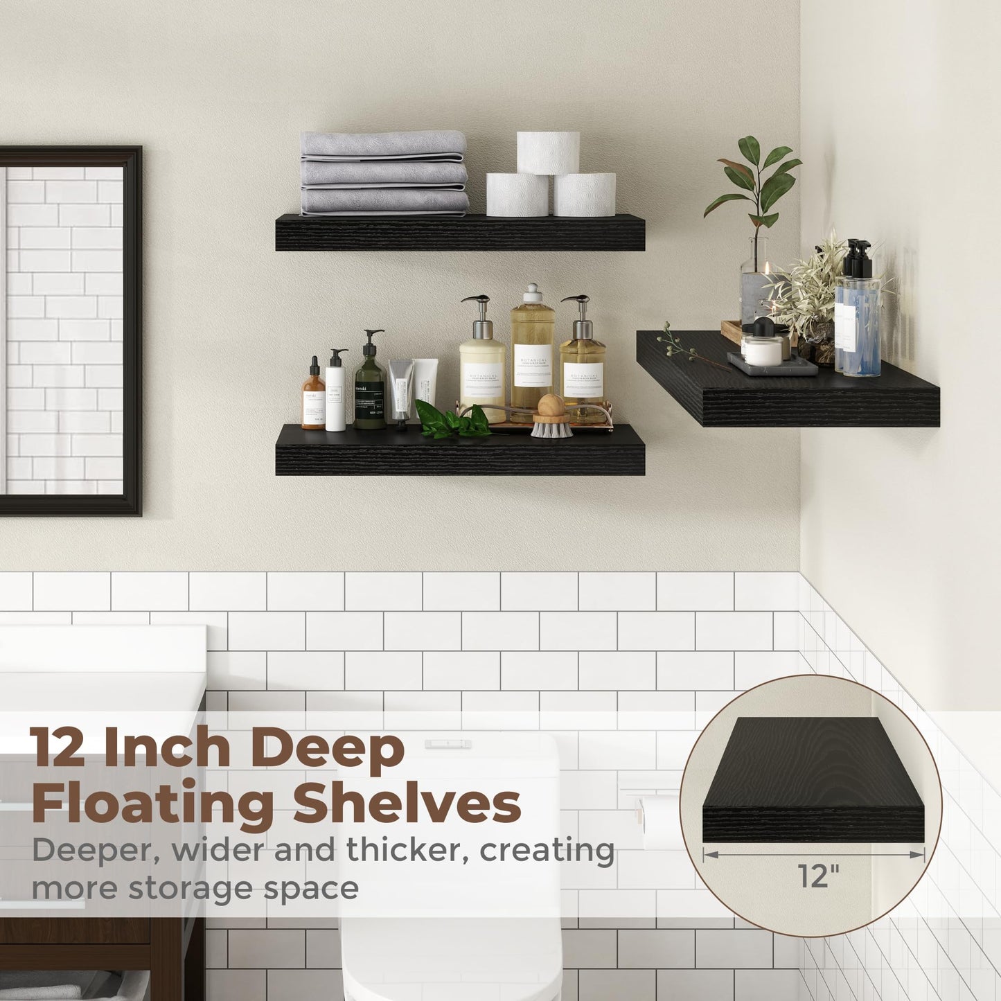 12 Inch Deep Floating Shelves for Wall, 24 x 12 Rustic Wood Grain Bathroom Shelves with Invisible Brackets, Easy Install Wood Storage Shelves for Kitchen, Living Room, Bedroom, Black, Set of 2