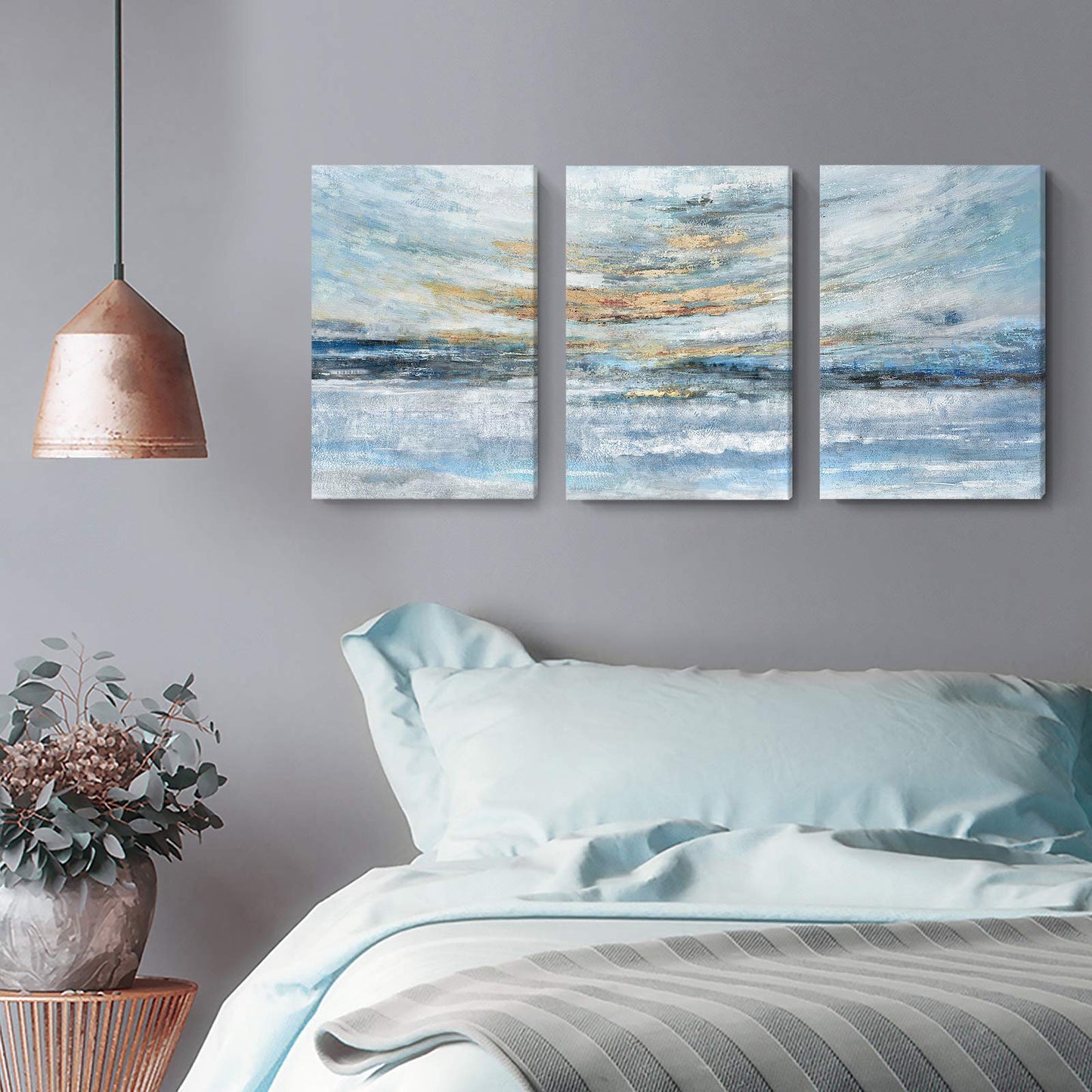 Abstract Canvas Wall Art for Bedroom 3 Piece Ocean Painting Coastal Theme Artwork Blue and Yellow Sunset & Sunrise on the Beach Seascape Picture for Bathroom Living Room Light 12x16inchx3 panel