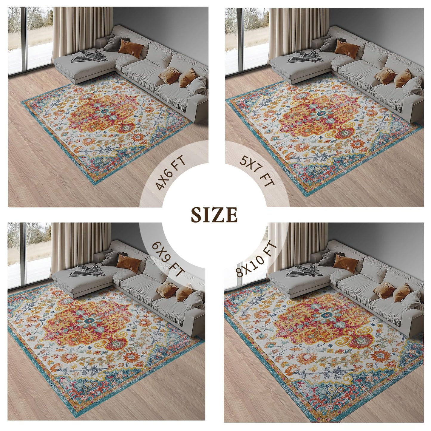 LOOMY Living Room Rug 5x7 Rug Machine Washable Boho Area Rug Non Slip Floral Vintage Low Pile Large Rugs for Living Room, Bedroom, Farmhouse, Dining Room, Kids Playroom