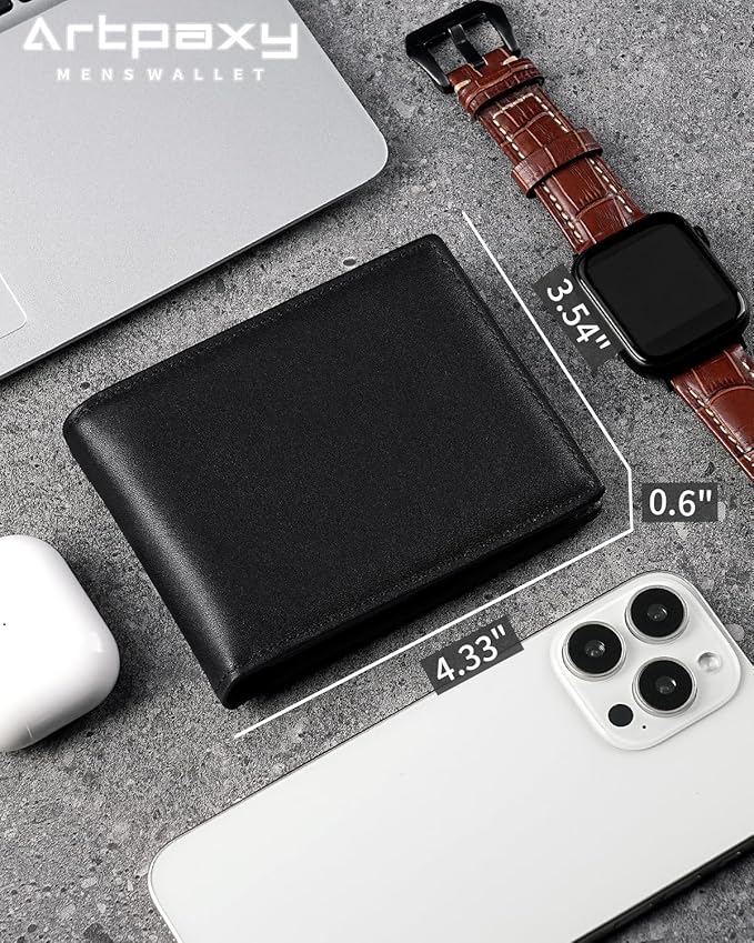 Artpaxy Mens Wallet Genuine Leather Bifold RFID Blocking Wallet for Men with 2 ID Windows 12 Card Holders 2 cash pockets 1 Gift Box