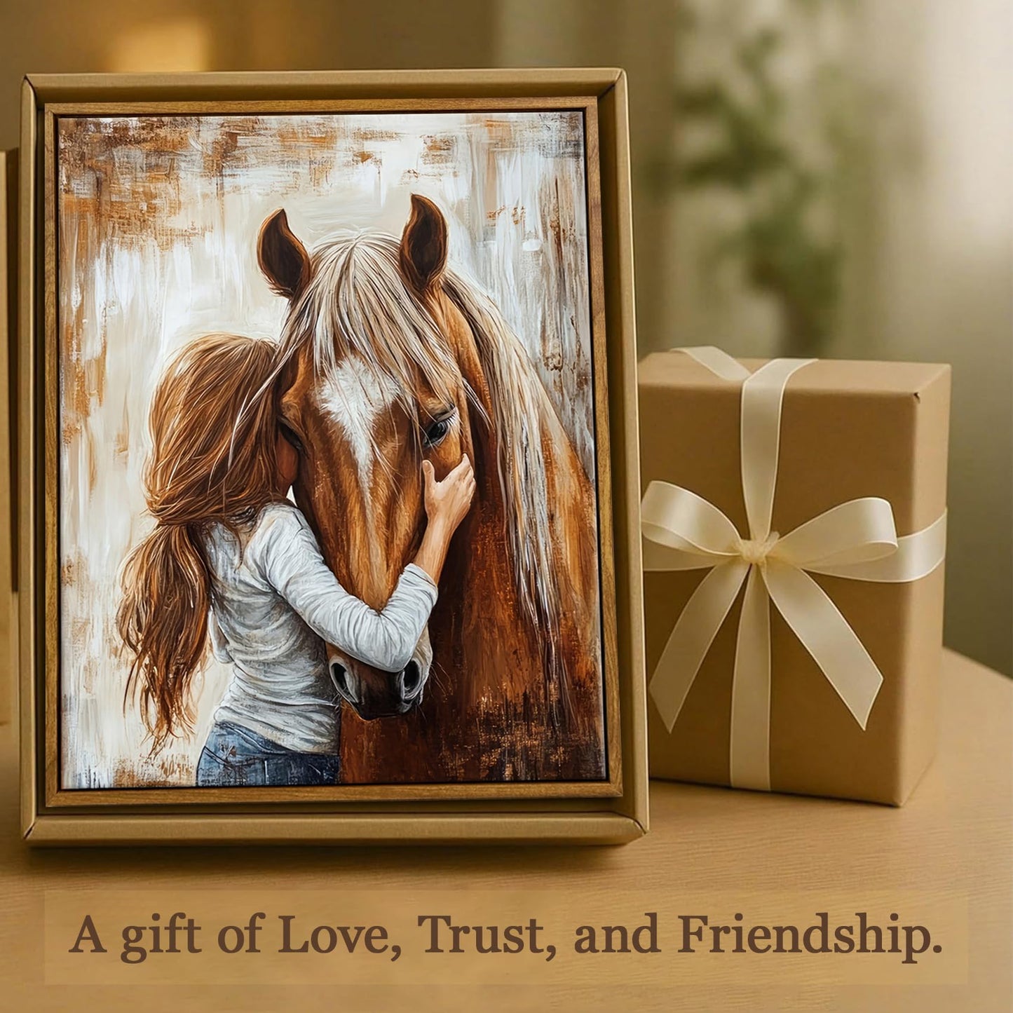 Framed Horse Canvas Wall Art Girl and Horse Rustic Farmhouse Equestrian Pictures Wall Decor for Girls Bedroom, Western Country Art for Living Room Study (8x10in)