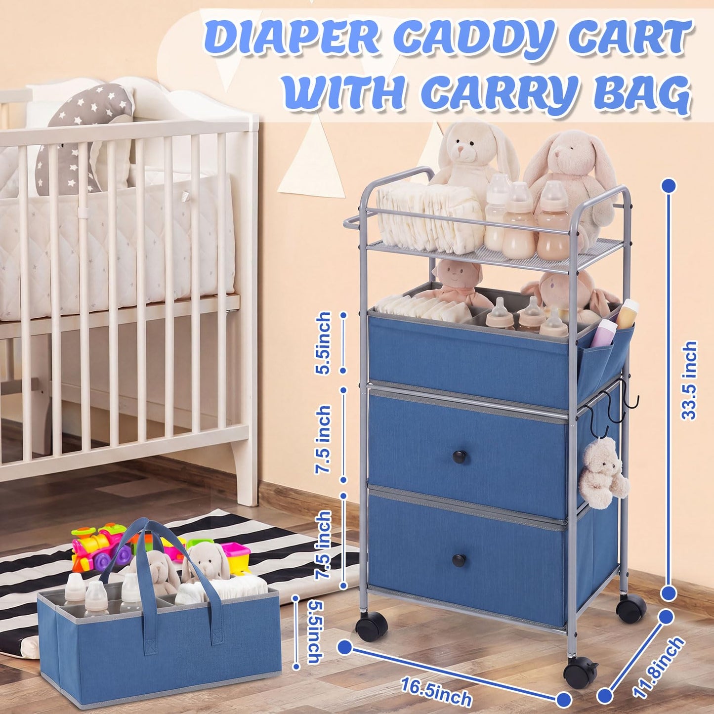 FoldTier 3In1 Baby Diaper Caddy Organizer Cart 4 Tier Large Capacity Metal Utility Bedside Rolling Cart with Divider Newborn Registry Nursery Essential Must Have Bedroom Gift Baby Shower (Blue)