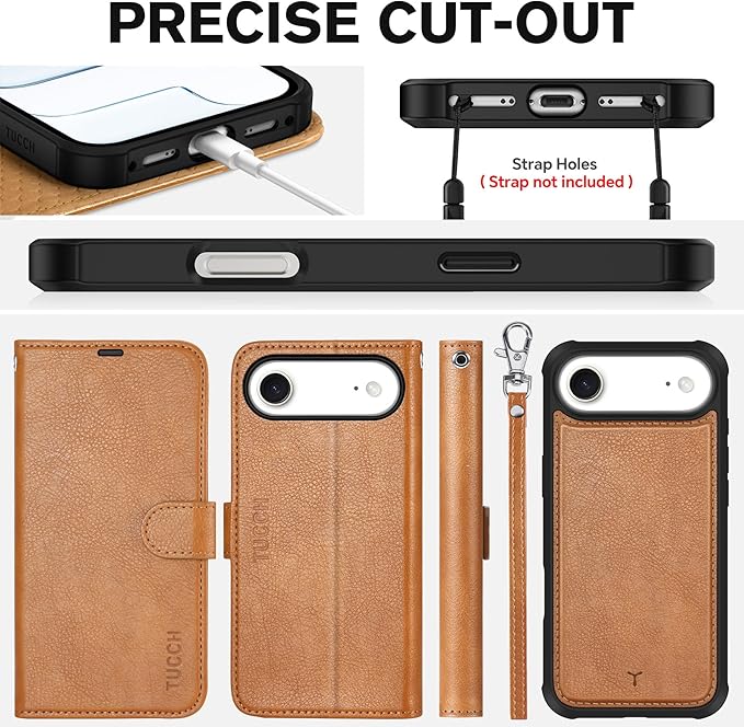 TUCCH Detachable Case Wallet for iPhone Air (6.5") 2025, Wrist Strap | 4 Card Slots RFID Blocking | Wireless Charging | Stand | 2-in-1 Magnetic | PU Leather | Shockproof Folio Cover | Light Brown