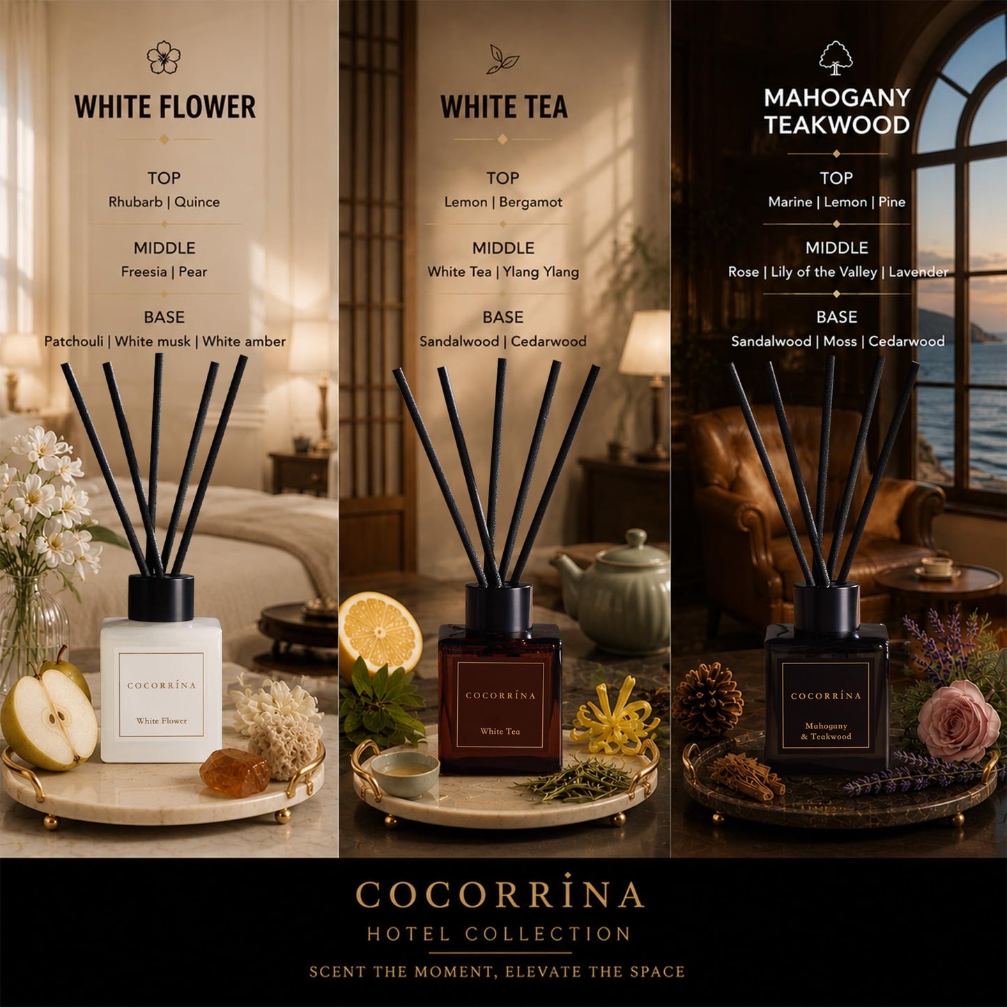 COCORRÍNA Hotel Collection Reed Diffuser Set, 3.04 fl oz Trio, Mahogany Teakwood, White Flower & White Tea, Home Fragrance for Bathroom, Bedroom, Entryway & Office