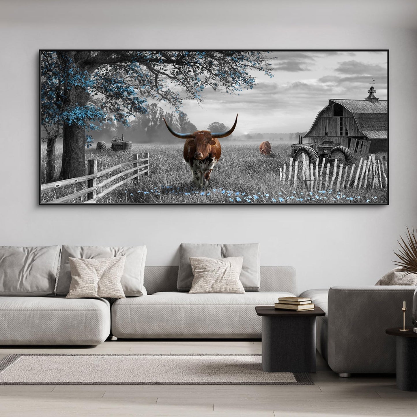 yiijeah Rustic Wall Art - Western Home Decor Cow Picture Extra Large Wall Decr Rustic Longhorn Living Room Bedroom Canvas Framed Artwork Farmhouse Decor