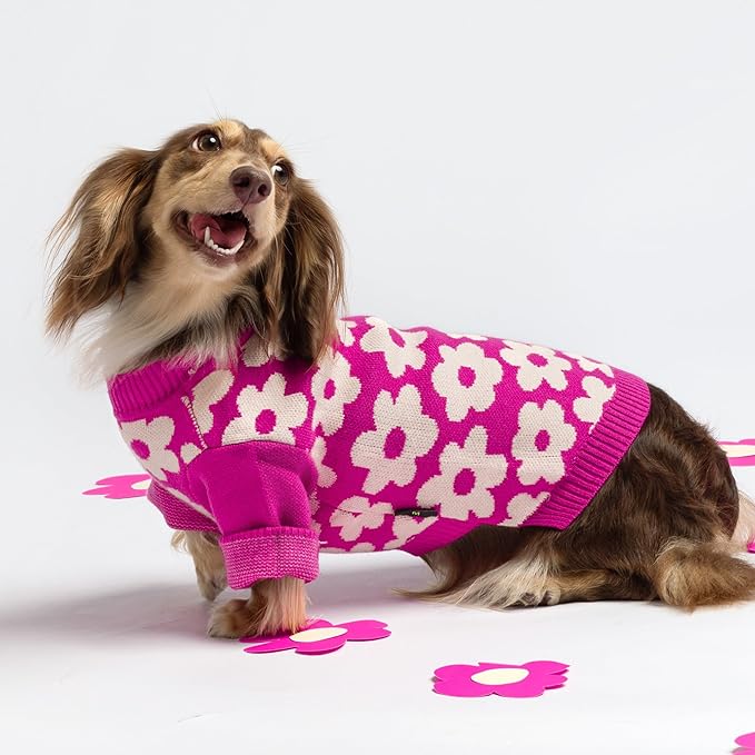 Fitwarm Floral Dog Sweater, Thermal Dog Sweatshirt, Dog Winter Clothes for Small Dogs Girl, Doggy Pullover Jumper, Pet Outfit, Hot Pink, White, XL