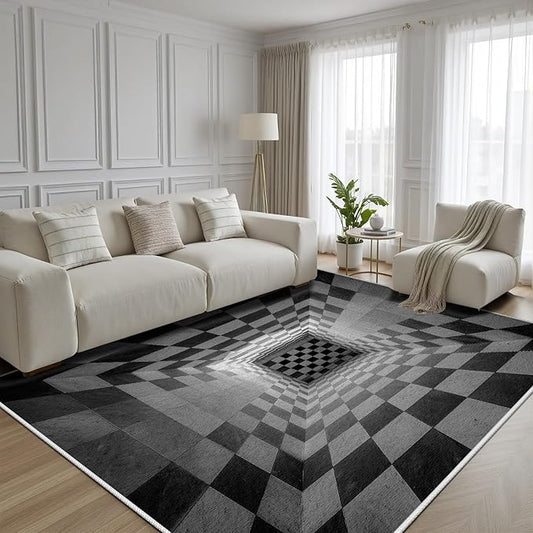 3D Rug 5x6, Plaid Soft Ultra Soft Faux Wool Low Pile Optical Illusion Rug, Indoor Floor Mats Abstract Geometric Carpet, Non-Slip Stain Resistant Washable Rugs, Modern Gray Rugs for Living Room