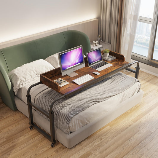 TigerDad Overbed Table with Wheels, Modern Style, Brown, 55.1-82.7x25.6x18.1 inches, 350lbs Weight Capacity