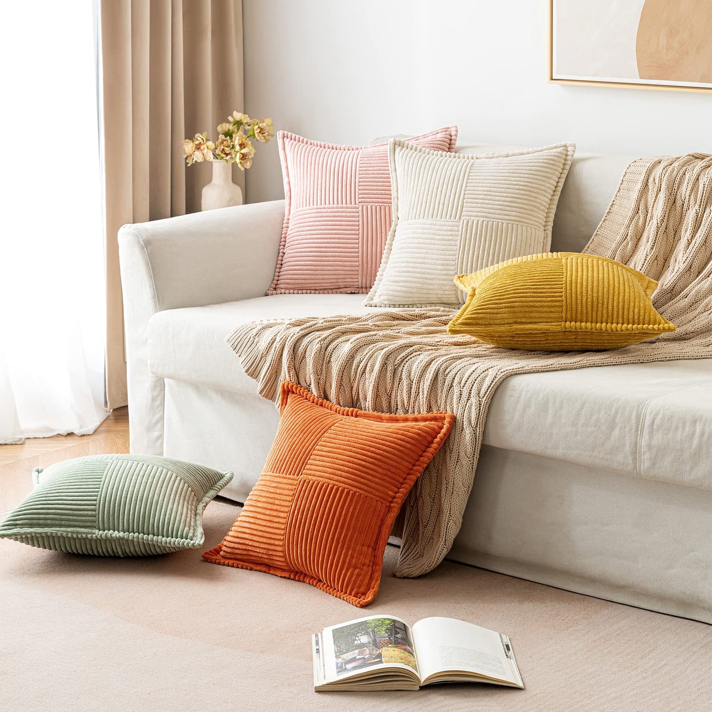 MIULEE Pack of 2 Decorative Corduroy Boho Striped Pillow Covers Beige Bundle Set of 2 Pillow Inserts 12x20
