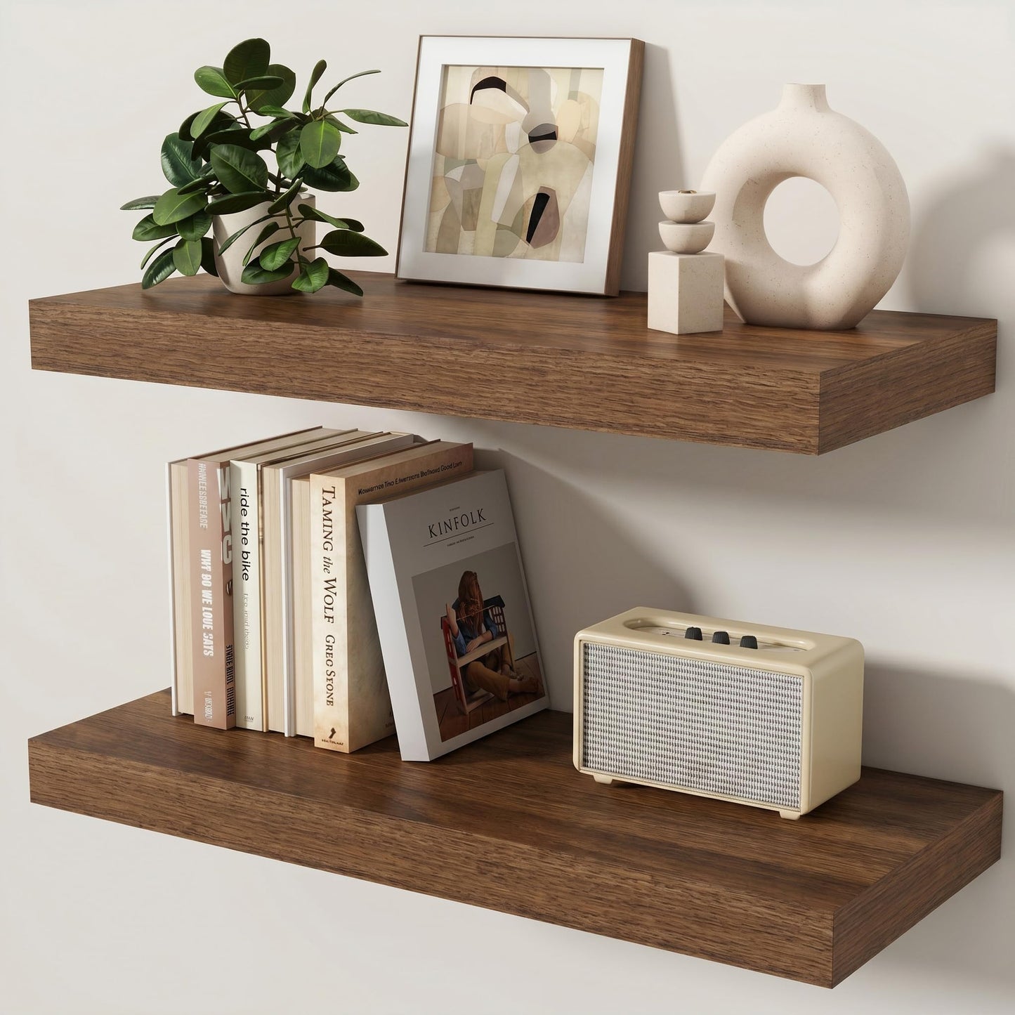 KovaScape Floating Shelves for Wall, 24 Inch x 8 Inch Deep Wall Mounted Wood Shelf with Invisible Brackets for Storage & Display, Living Room Bedroom Kitchen, Walnut, Set of 2