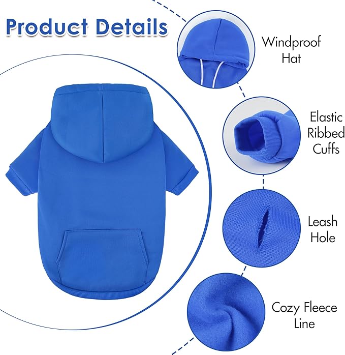 BAOBICUTE Dog Basic Hoodie Soft Dog Clothes Cold Weather Sweaters for Medium Large Dogs Cozy Fabric Warm Sweatshirt with Leash Hole (Blue, XS (Back: 10.24",Chest: 14.96", Neck: 11.42"))