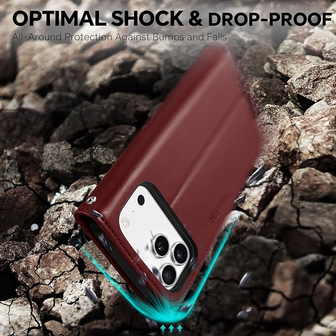 TUCCH Detachable Case Wallet for iPhone 17 Pro Max (6.9") 2025, Wrist Strap | 4 Card Slots RFID Blocking | Wireless Charging | Stand | 2-in-1 Magnetic | PU Leather | Shockproof Folio Cover | Dark Red