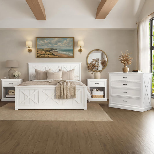 Harper & Bright Designs 4 Piece Bedroom Set, Rustic Queen Size Bedroom Furniture Sets with Storage Nightstands and 1 Dresser, Bedroom Furniture Sets with Wood Platform Bed Frame for Bedroom, White