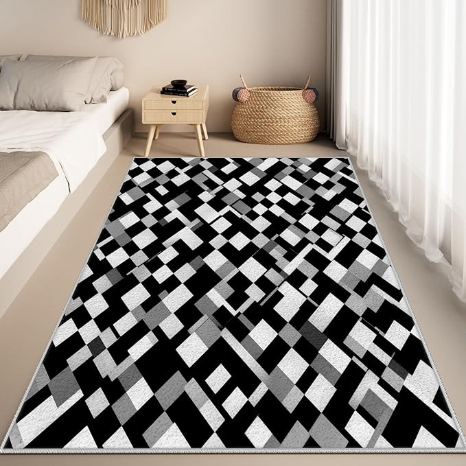 Black White and Grey Rug - Geometric Area Rug, Area Rugs 4x5, Modern Abstract Rugs, Irregular Block Splicing Carpet Washable Non Slip Home Decor Carpet for Living Room