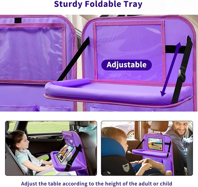 Etre Jeune Car Seat Back Organizer Table Tray, Car Seat Storage Organizer for Kids with Foldable Tablet Holder, 6 Storage Pockets Kick Mats 600D Oxford, 2 Pack Purple