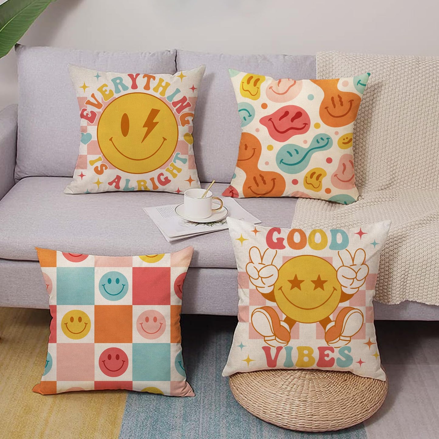 Fjfz Groovy Smiling Face Inspirational Decorative Throw Pillow Covers 18 x 18 Set of 4, Hippie Smile Motivational Quote Porch Outdoor Home Decor, Smiley Everything is Alright Couch Cushion Case