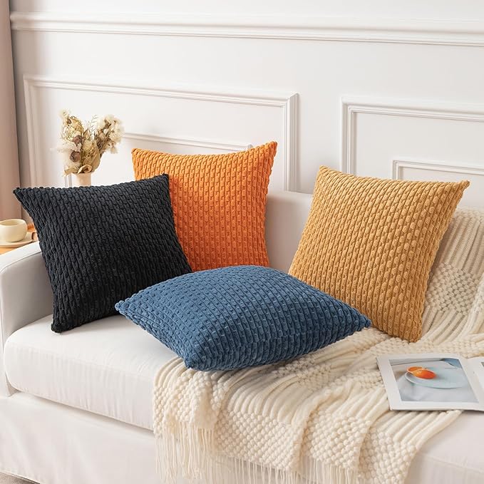 Kevin Textile Fall Pack of 2 Corduroy Decorative Throw Pillow Covers 22x22 Inch Soft Boho Striped Pillow Covers Modern Farmhouse Home Decor for Spring Sofa Living Room Couch Bed Orange