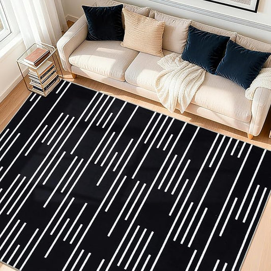YIHOUSE Abstract Washable Rug 8x10,Ultra Thin Non Slip Black Rugs for Living Room,Modern Minimalist White Stripe Rugs for Bedroom,Dining Room Office Playroom (8'x10',Black-3)