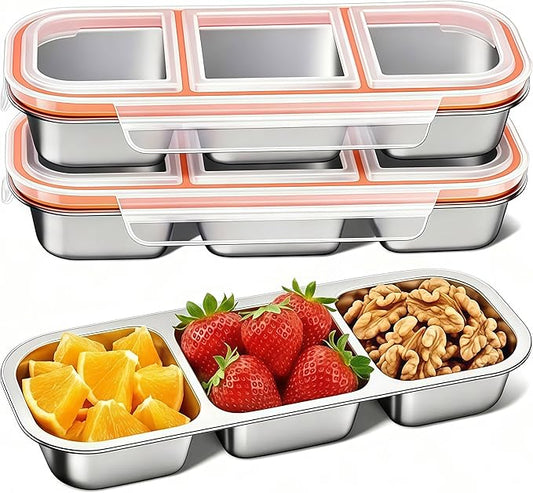 BSTUR 3 Pack Bento Box, Stainless Steel Snack Containers With Lids, Leak Proof Metal Lunch Box with 3 Compartments, Stackable Food Storage Container for Work, Travel, Dishwasher Safe