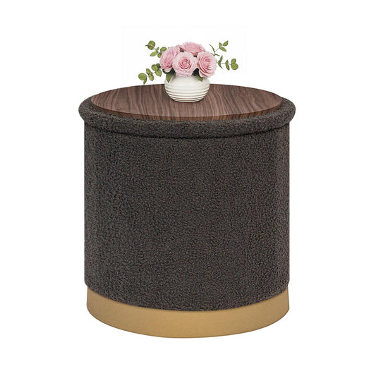 B FSOBEIIALEO Ottoman with Stroage, Round Boucle Storage Ottoman with Gold Plating Base,Foot Rest Stool for Dorm Room, Living Room Dark Grey, 16.73"x16.73"x17.72"