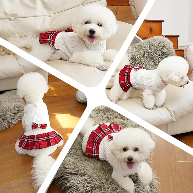 YUDODO Small Dog Sweater Dress with Bowtie Turtleneck - Knitted Pet Girl Dog Winter Clothes - Pet Warm Sweater for Puppy Yorkies, Chihuahua (XL White)