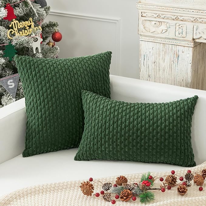 Kevin Textile Pack of 2 Corduroy Decorative Throw Pillow Covers 18x18 Inch Soft Boho Striped Pillow Covers Modern Farmhouse Home Decor for Sofa Living Room Couch Bed Dark Green