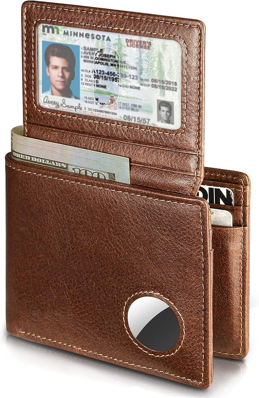 Mens Wallet With AirTag Holder, Bifold Leather RFID Blocking 1-2 ID Windows 12-13 Card Holders, Gift Box and Screen Protector Included, AirTag Not Included