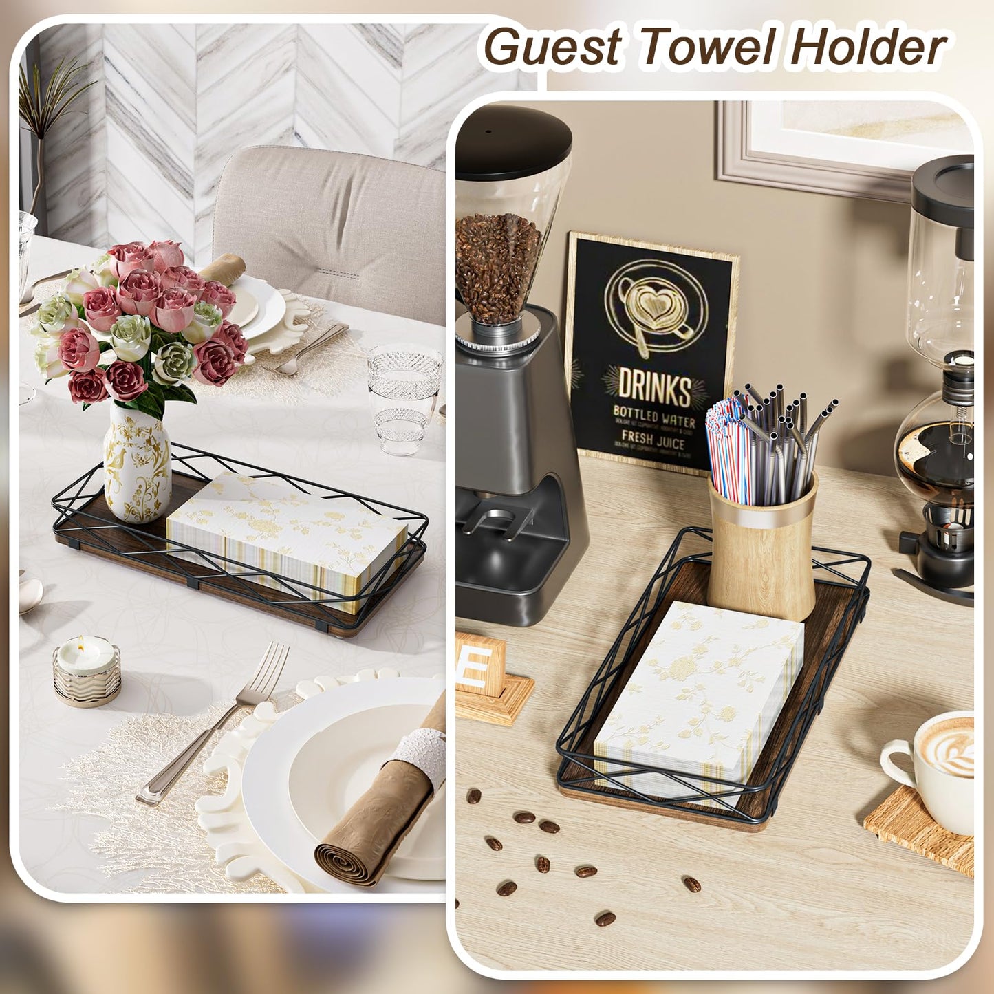 Lixple Toilet Paper Basket Holder, 13" Toilet Tank Tray, Wood and Metal Toilet Tray Vanity Organizer Bathroom Tray, Kitchen Sink Organizer for Soap Dispenser (Brown+Black)