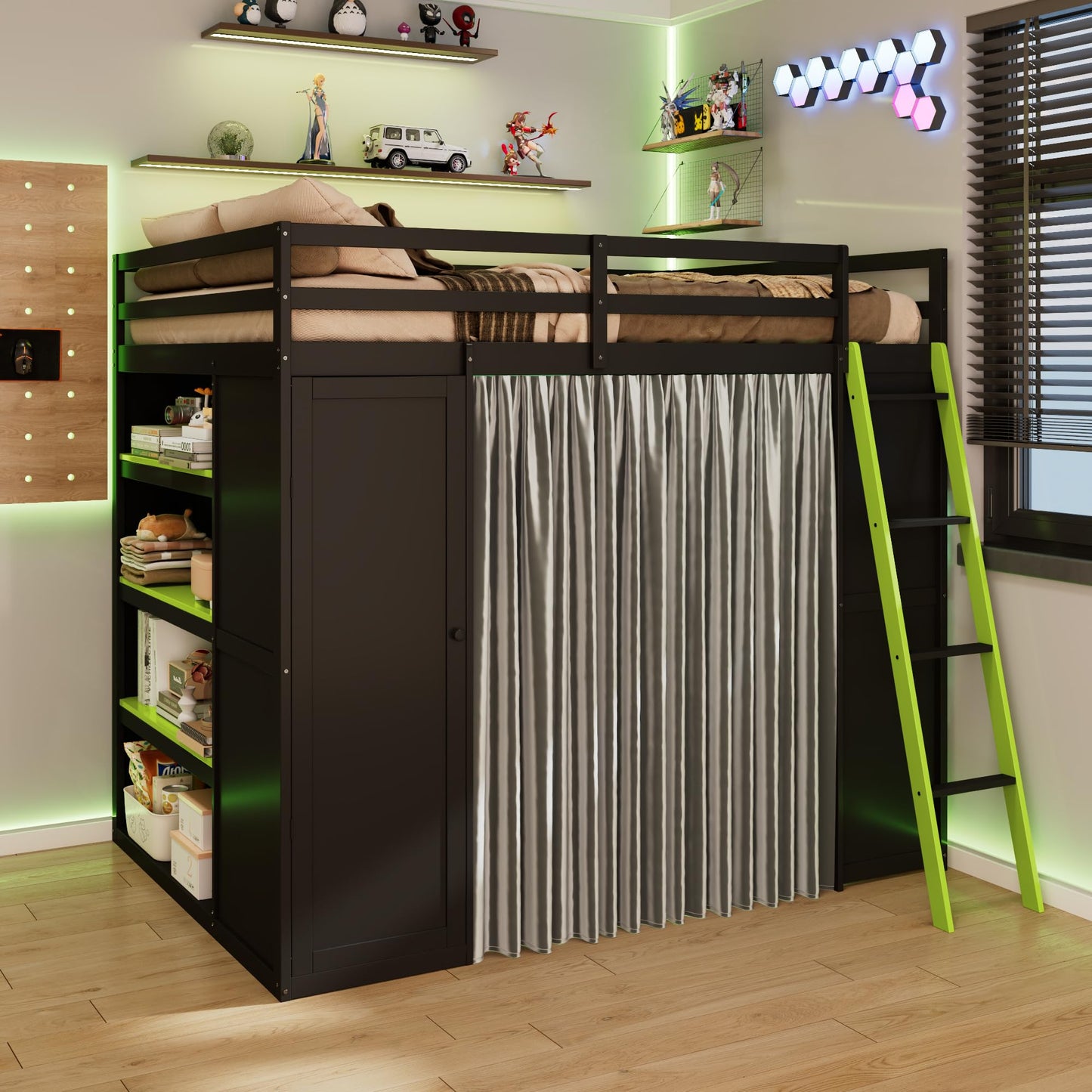 Merax Wood Loft Bed with Wardrobe,Shelves,Blackout Curtains and RGB Lights, Full Size, Black+Green