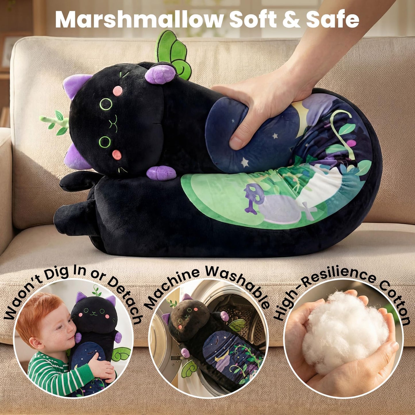 Mewaii Long Cat Plush 5 Sizes, 120% Extra Filling Giant Plushness Kids Body Pillow, Kawaii Cute Black Cat Stuffed Animals Plushies, Big Long Body Pillow Black Cat Plush Gift for Girls 20”