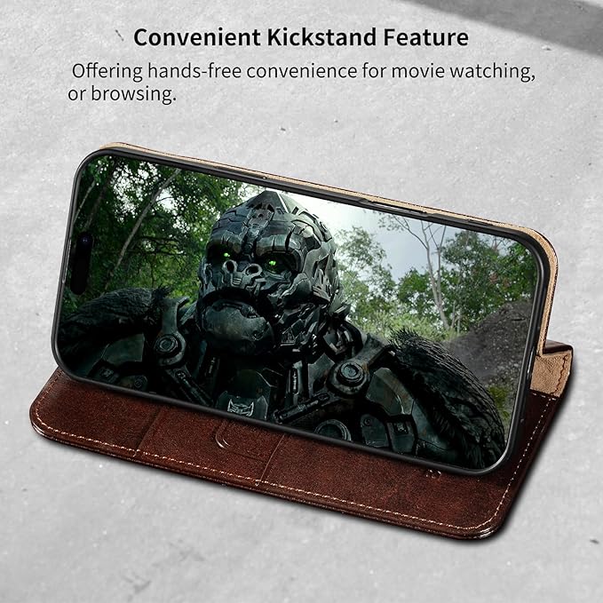 Belemay Genuine Leather Wallet Case for iPhone 17 Air, Premium Cowhide Leather Two-Tone Effect, RFID Blocking Card Holders, Shockproof TPU Shell, Kickstand, Flip Cover for iPhone Air 2025 6.5", Brown