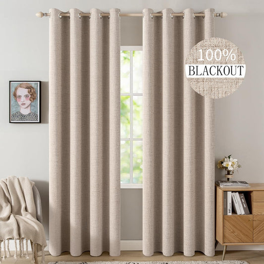 MIULEE 100% Blackout Linen Textured Curtains for Bedroom Solid Thermal Insulated Natural Beige Grommet Room Darkening Curtains & Drapes Luxury Decor for Living Room 52 x 84 Inch (2 Panels)