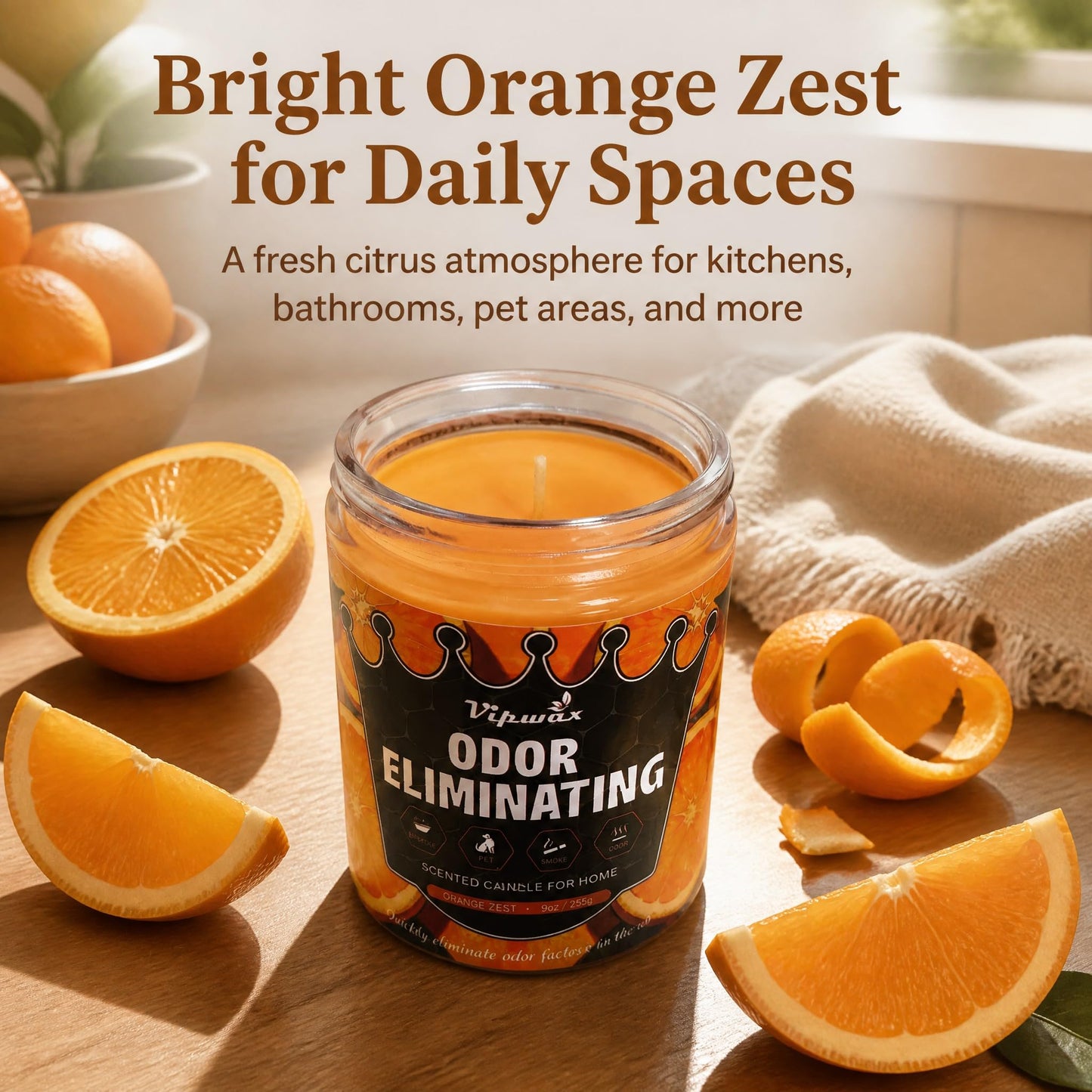 VIPwax Orange Odor Eliminating Candles for Home Scented, Eliminates 99% of Pet, Smoke, Food and Other Smells Quickly, Highly Fragranced Candle, Premium Soy Candles Set for Women