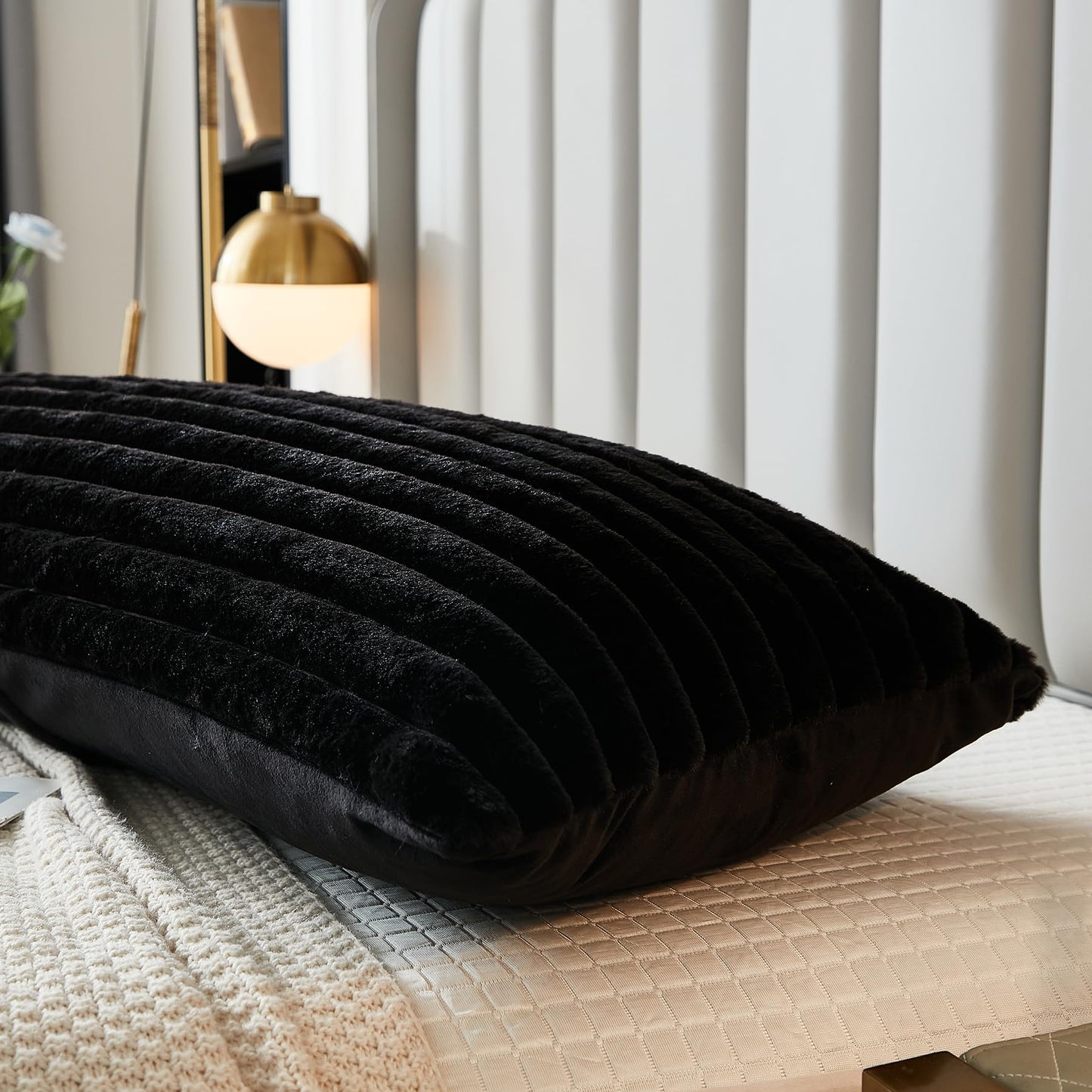 Uhamho Large Bed Body Pillow Cover 1 Pack Lumbar Striped Pillowcase Modern Home Decorative Soft Faux Rabbit Fur and Velvet Back 21x 54 Inches Zipper Closure, Black