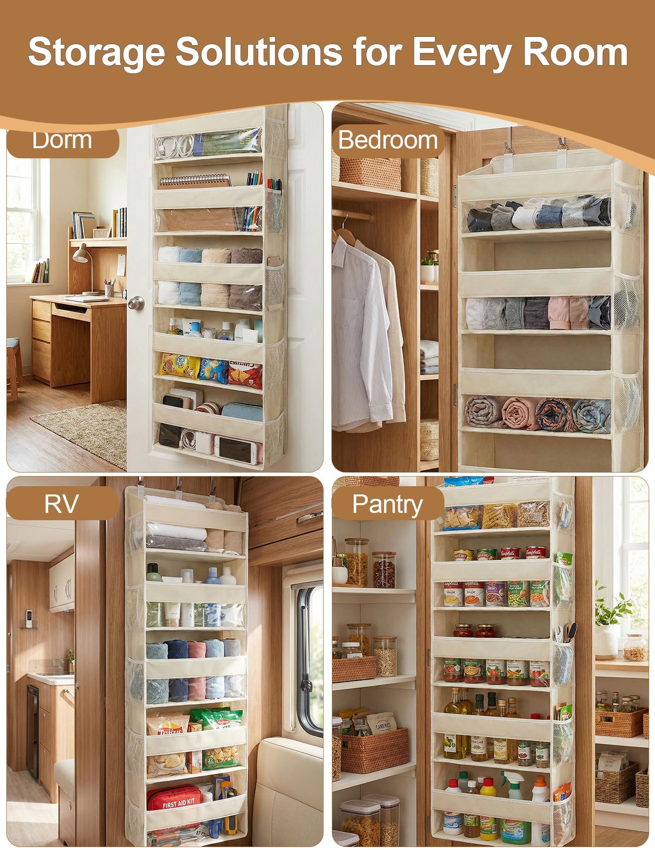 Hasosodo Over the Door Organizer 5-Shelf Closet Hanging Storage with 10 Mesh Pockets, 50 lbs Weight Capacity Door Organizer Hanging for Bathroom, Bedroom, Baby Nursery and Pantry, Ivory