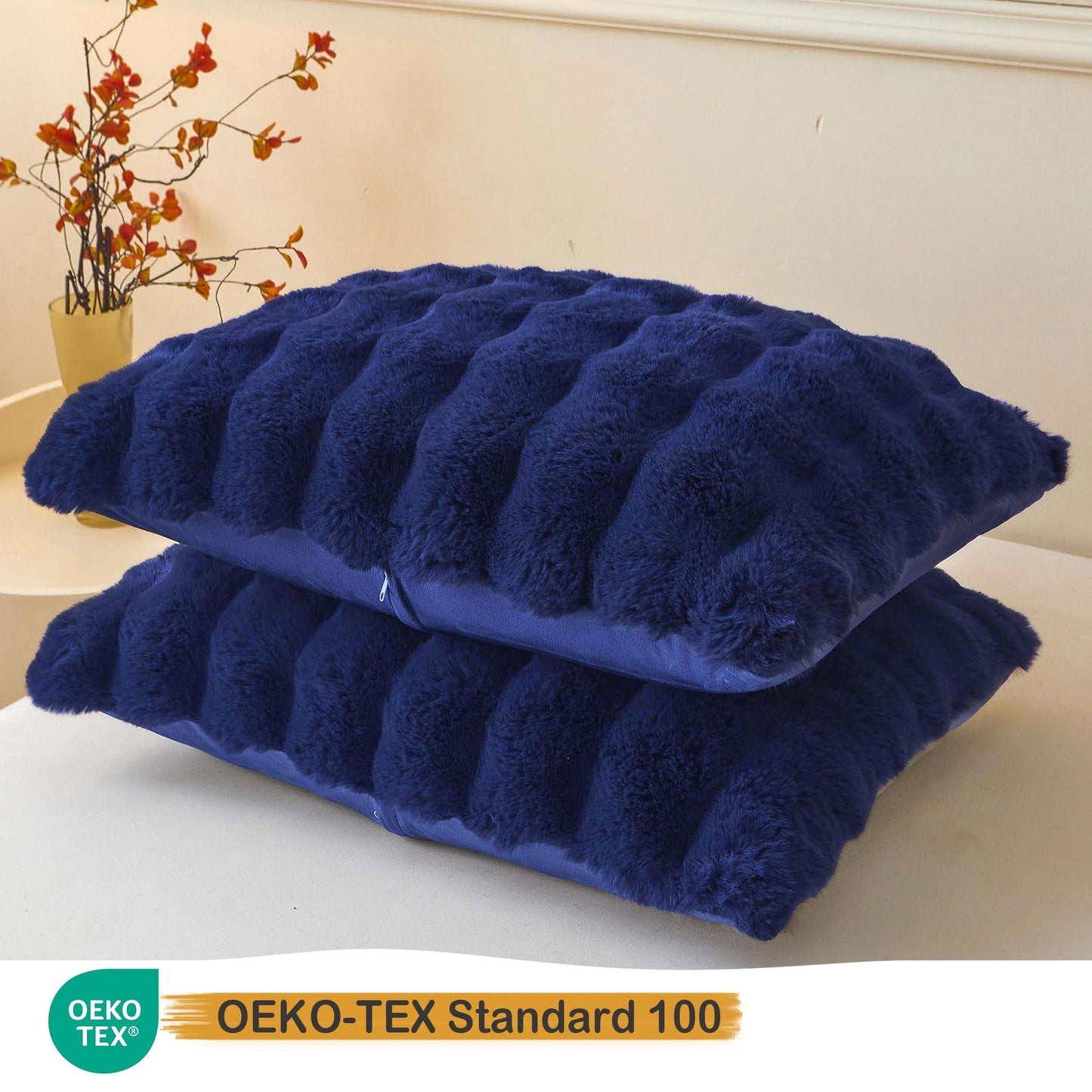 LIFEREVO 2 Pack Fluffy Faux Rabbit Fur Pillow Cases, Luxury Soft Plush Shaggy Bubble Pillowcases Standard Size with Zipper Closure, Furry Fuzzy Pillow Shams for Bedroom Living Room 20x26, Navy Blue