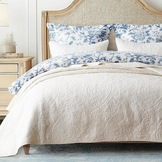 EVERGRACE 100% Cotton Paisley Quilt Set, King Size 3 Piece Set – Prewashed Lightweight Bedspread with 2 Shams, Soft & Breathable Matelasse Coverlet for All-Season Comfort, Ivory Cream
