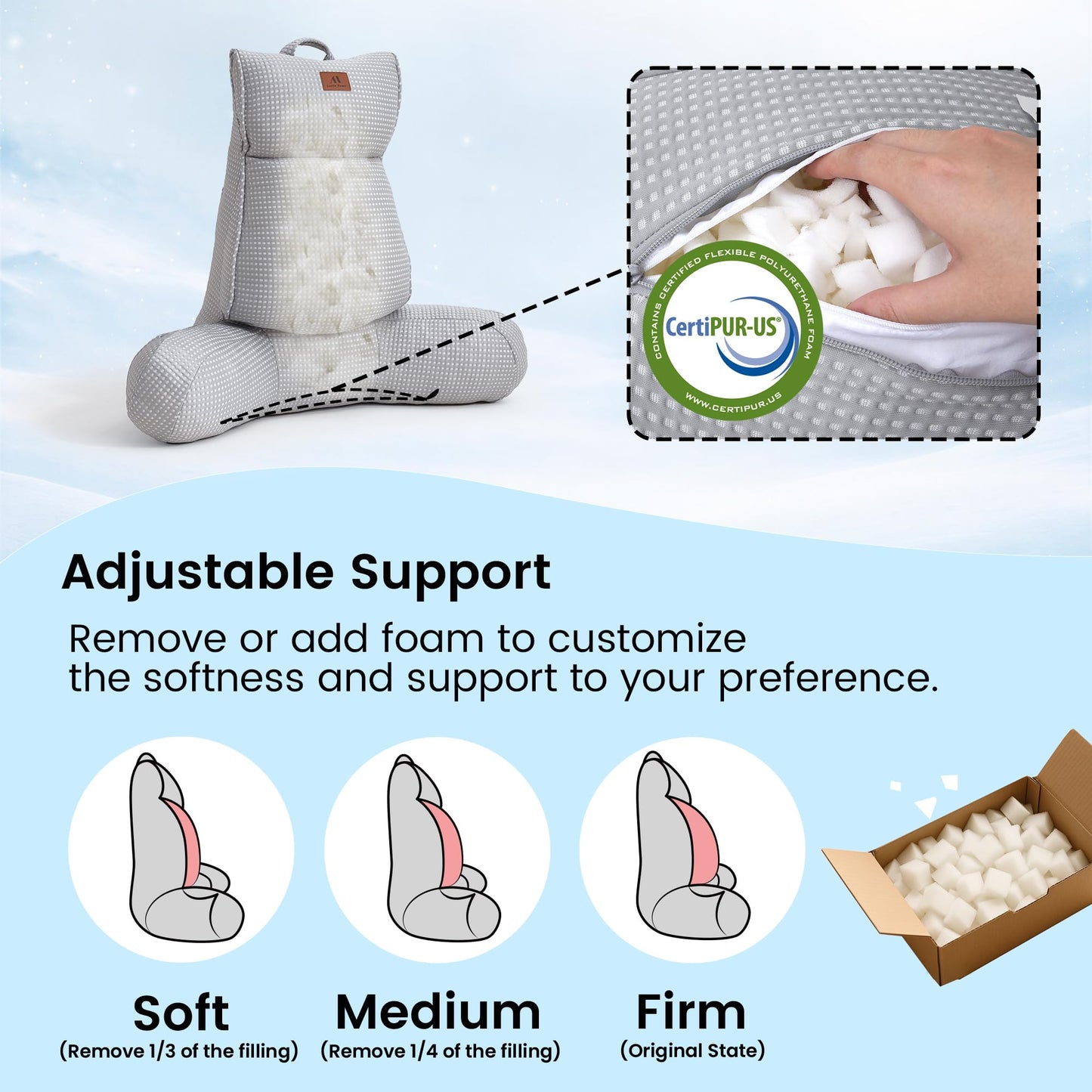Amélie Home Cooling Reading Pillow with Arms for Adults, Breathable Waffle Fabric Bed Rest Pillow for Sitting Up, Ergonomic Back Support with Pockets for Gaming Relaxing, Cooling Gray, 25 Inches