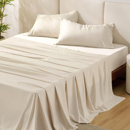 Bedsure King Size Sheets Set, Cooling Sheets for Hot Sleepers, Rayon Derived from Bamboo, PureWoven, Breathable & Soft, Deep Pocket Up to 16 Inches, Hotel Luxury Silky Bedding, Light Beige