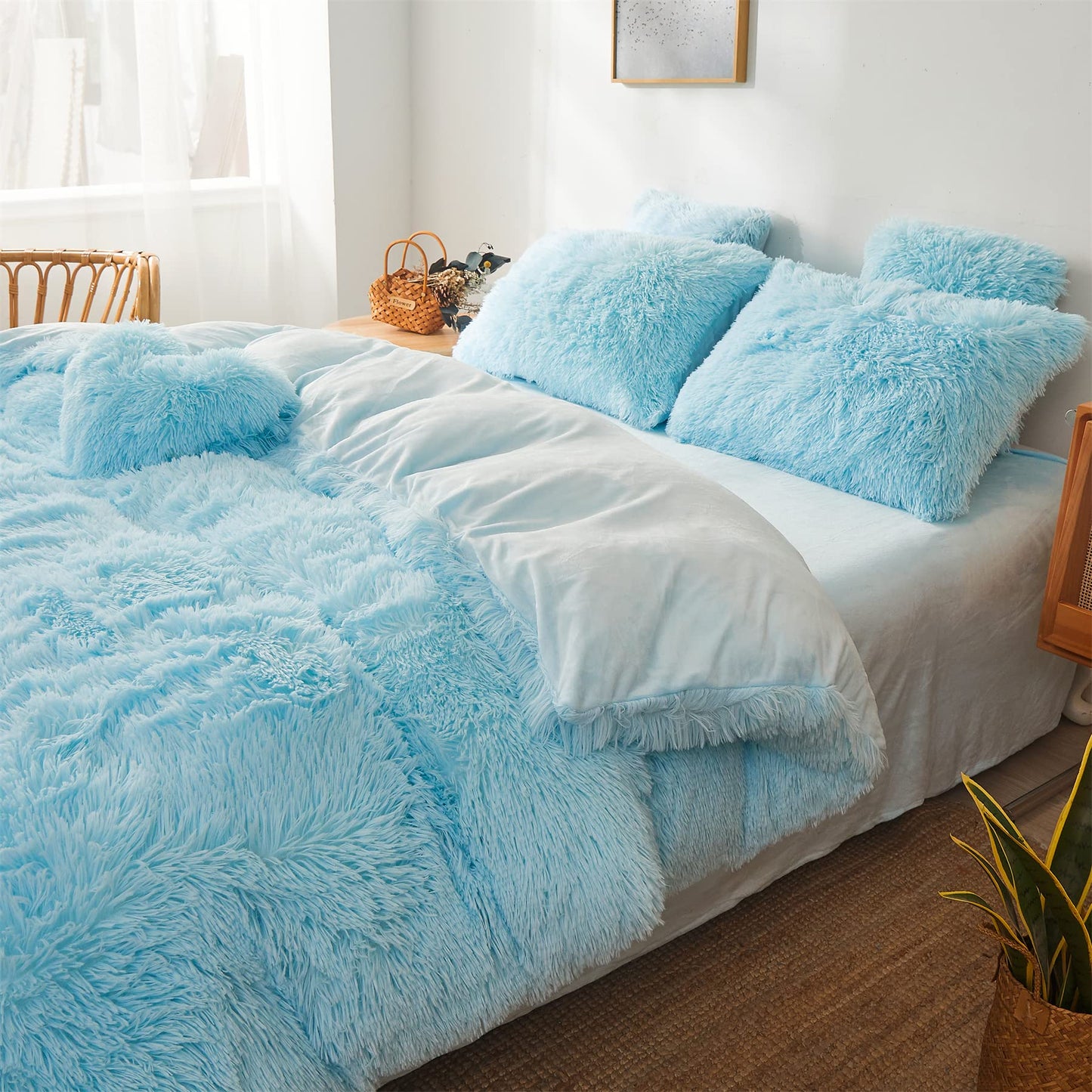 FOPPA Faux Fur Pillow Cases Blue 26"x20", Furry Shaggy Plush Fuzzy Fluffy Decorative Pillow Covers Set of 2, Standard Velvet Cushion Cover with Zipper for Bedroom Interior