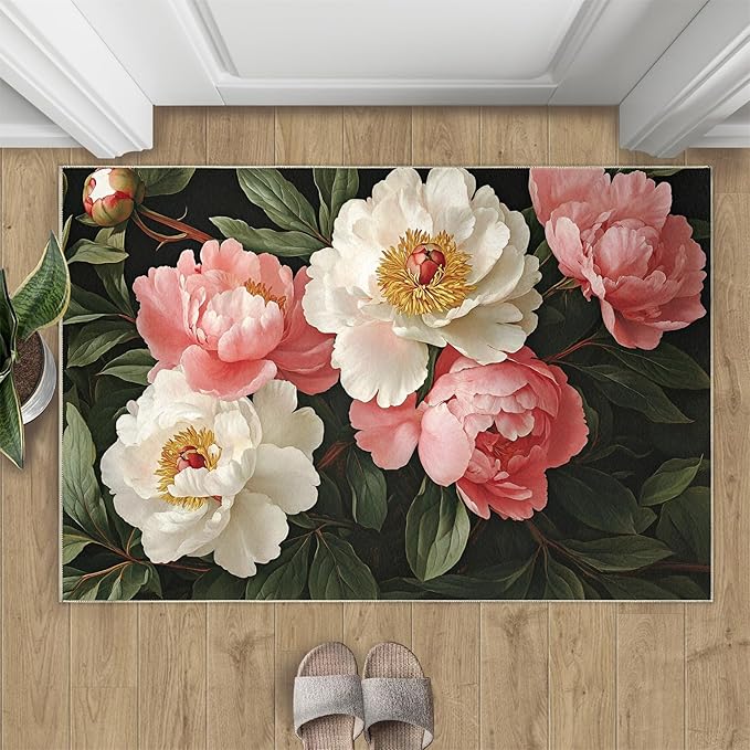 Rustic Flowers Washable Area Rug 4x5, Peony Soft Rugs for Living Room Petals Carpet Area Rugs for Bedroom Dining Room Non-Slip Stain Resistant Rug