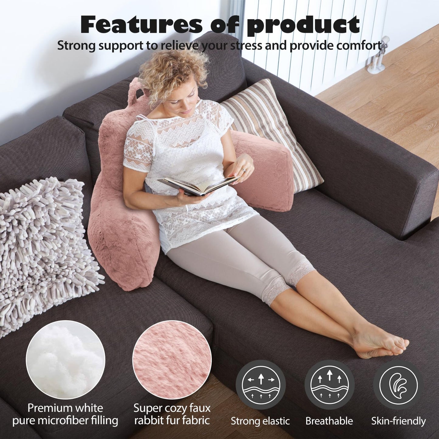 xffzroom Reading Pillow, Back Support Pillow for Bed Sitting Up, Standard Bed Rest Pillow with Arms for Adults,Back Support Pillow for Couch and Chair, Bed Reading Pillow, Pink