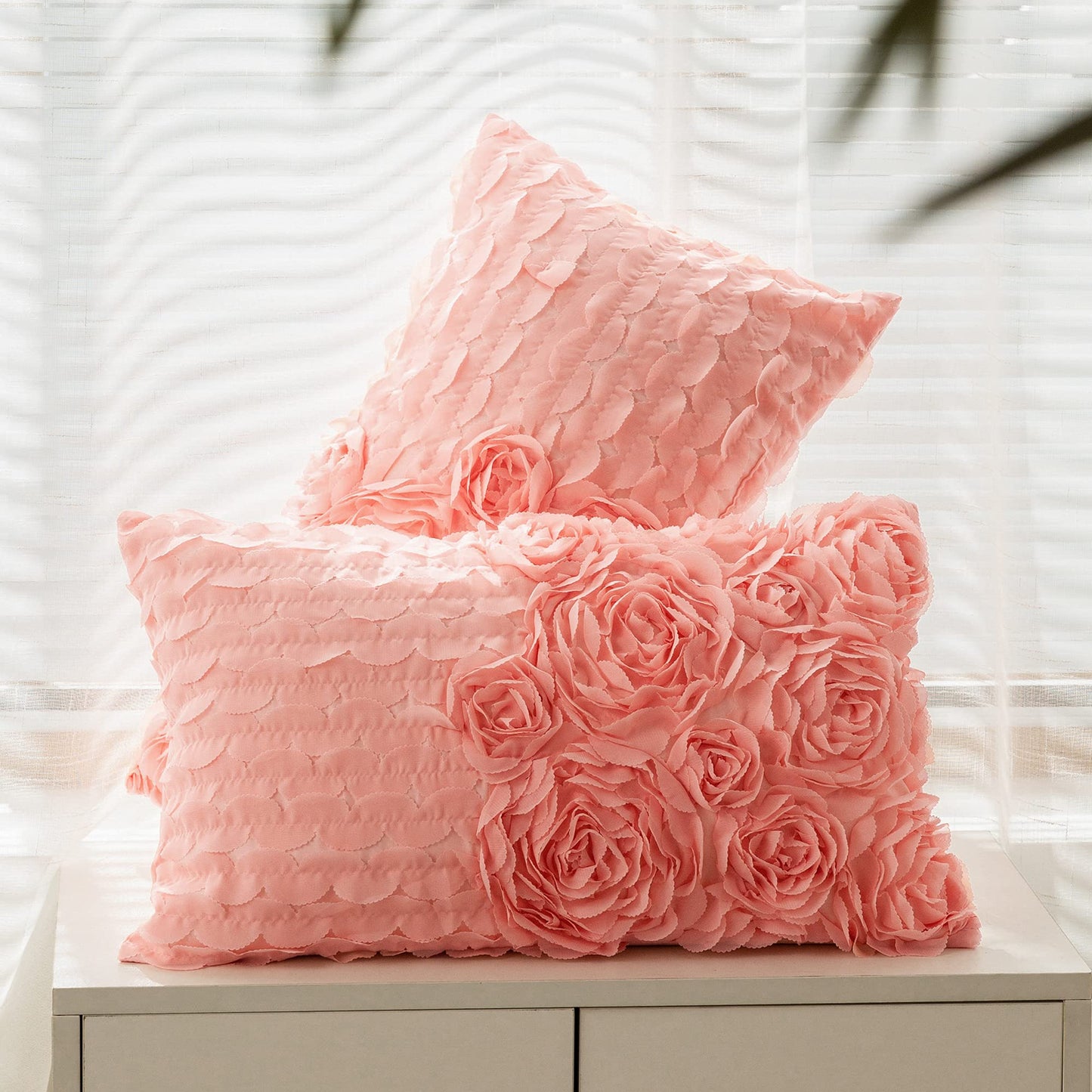 CaliTime Throw Pillow Cases Pack of 2 Solid 3D Stereo Chiffon Wave Rose Flower Decorative Cushion Covers Shells for Couch Sofa Bedroom 12 X 20 Inches Pink