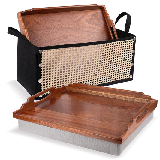 DRELIFAM Lap Desk with Cushion,Wooden Bed Tray Table for Eating,Lap Tray in Recliner,Breakfast Tray,TV Dinner Bed Food Trays (2 Sapele Wood with 1 Basket)
